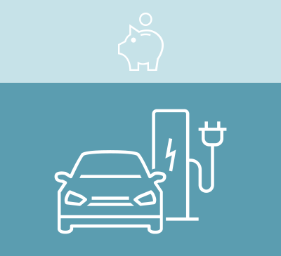 Fleet.Electrified Grafik-Icon: Sparschwein über E-Auto neben Ladesäule.