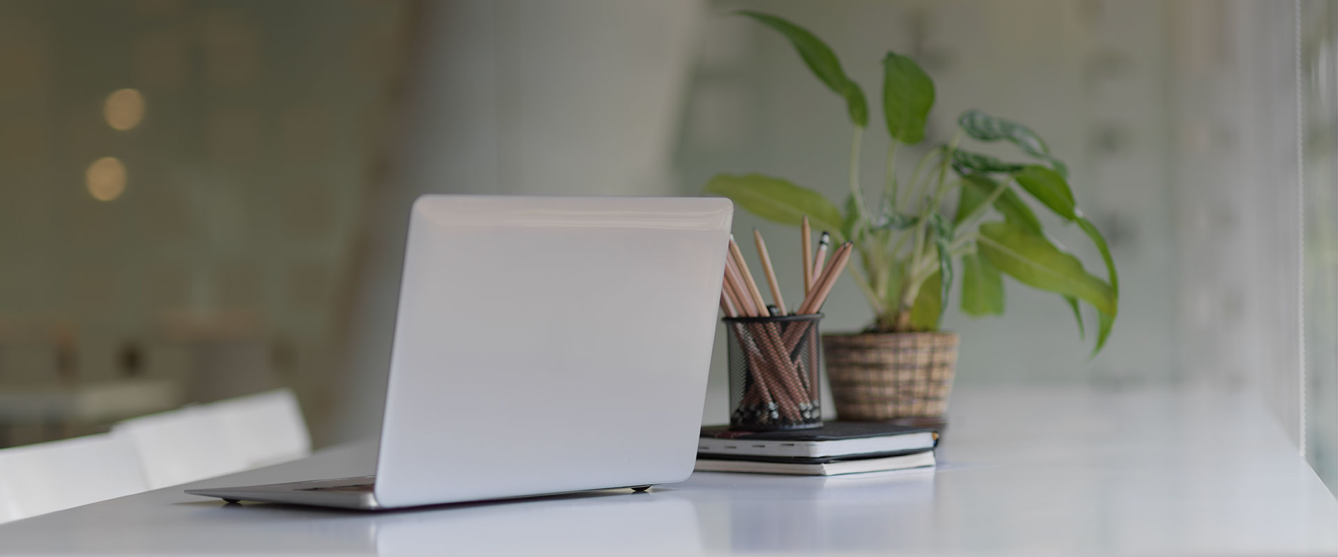 Notebook mit Stiften und einer Pflanze auf einem Tisch